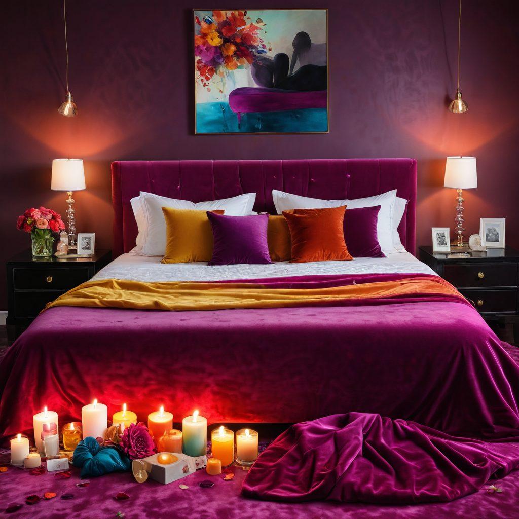 A vibrant and whimsical bedroom scene showcasing an array of elegant and colorful adult toys artfully arranged on a plush velvet bedspread. Soft, ambient lighting enhances the atmosphere, with playful accents like candles and flower petals, evoking a sense of intimacy and joy. A silhouette of a couple can be subtly included in the background, enjoying the moment. The overall mood is inviting and celebratory of pleasure and connection. super-realistic. vibrant colors. soft focus.