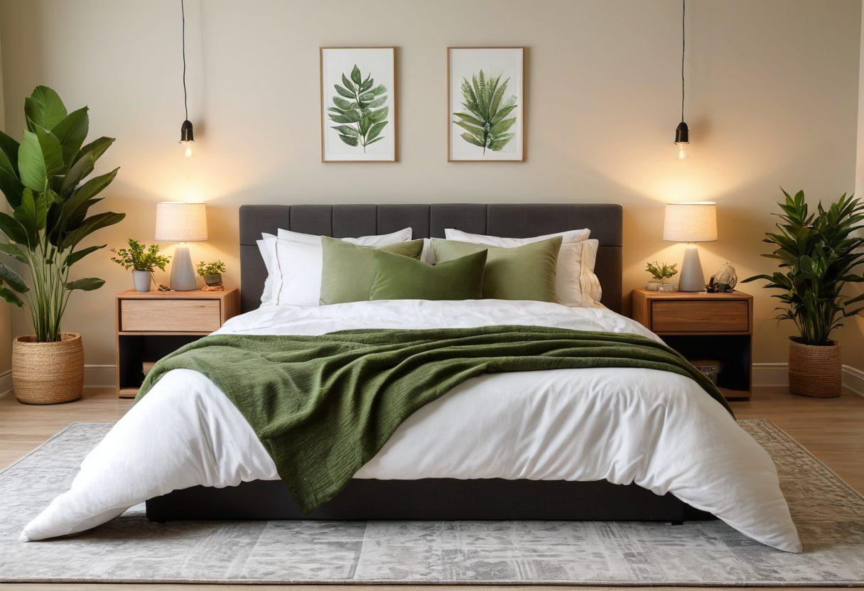 A serene and inviting bedroom setup showcasing a selection of body-safe adult toys artistically arranged on a soft, minimalist bed with calming colors. Incorporate elements of nature like green plants and soft textiles for a warm ambiance, highlighting a sense of joy and wellness. Include soft, diffused lighting and subtle decorative accents that evoke tranquility and intimacy. super-realistic. vibrant colors. soft focus.