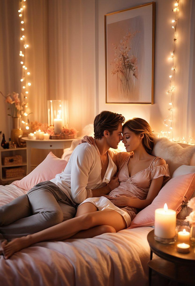 A cozy and intimate scene depicting a couple sharing a romantic moment surrounded by soft lighting, plush pillows, and sensual products like intimate oils and candles. The couple should display warmth and connection, showcasing the joy of rekindling intimacy. Include a touch of elegant decor to enhance the atmosphere, with pastel colors to evoke a sense of calm and romance. Invite the viewer into this serene moment, making it relatable and inviting. super-realistic. soft colors. warm lighting.